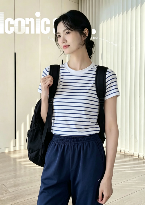 hdfish women's casual outfit: white and navy striped short-sleeve t-shirt with navy blue drawstring pants