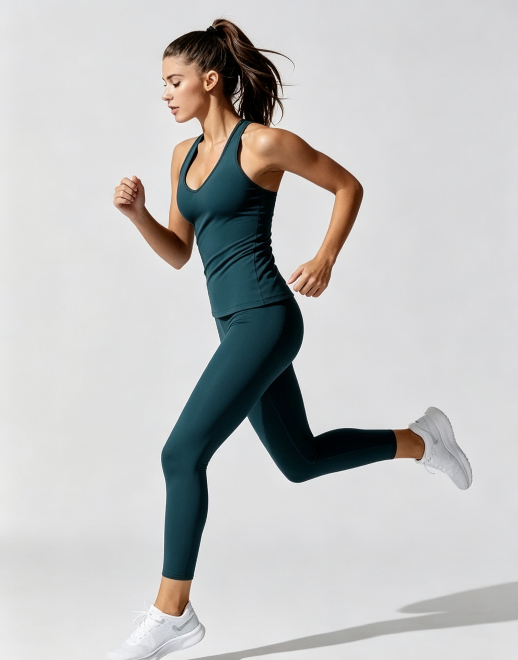 hdfish deep teal athletic outfit, form-fitting racerback tank and high-waist leggings for gym and daily wear