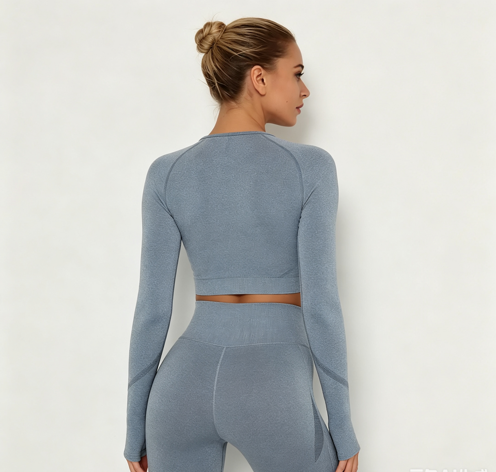 hdfish heather blue yoga set, seamless long-sleeve top with thumb holes and contour-fit leggings