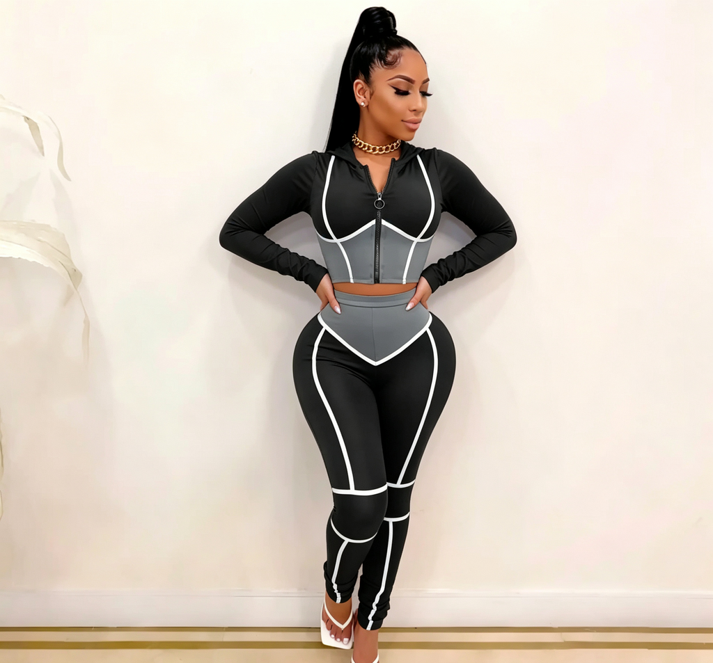   hdfish women's high-contrast gym set, black and gray track suit with bold white piping and structured silhouette