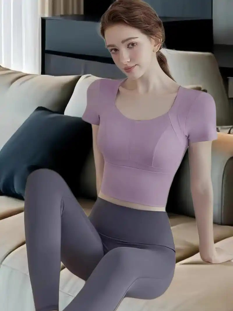 hdfish women's lavender yoga set, short sleeve cutout crop top and high-waist leggings