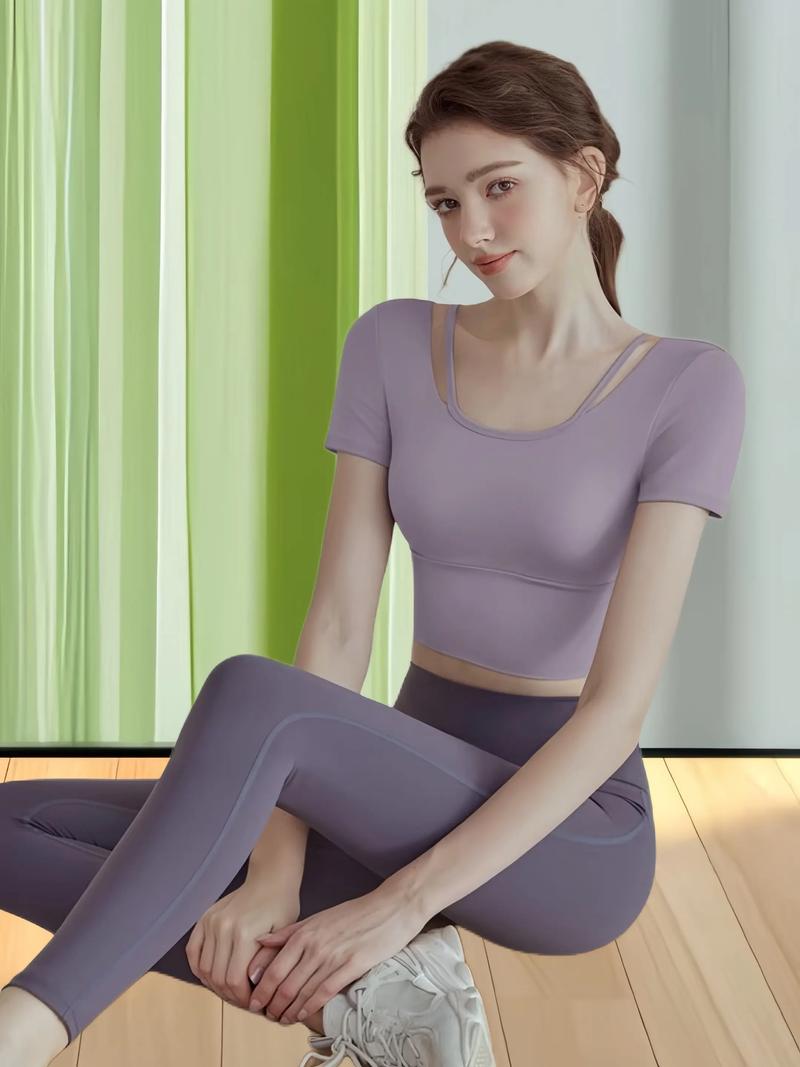 hdfish women's lavender yoga set with short sleeve cutout crop top and matching leggings