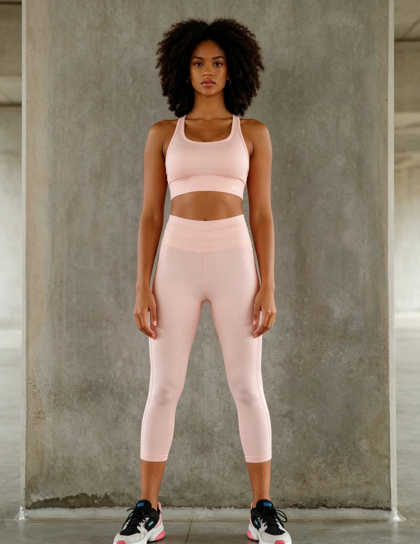 hdfish back view of pink athletic set, showing racerback sports bra and high-rise leggings design