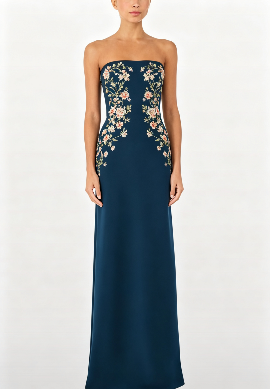 hdfish strapless navy evening gown with delicate floral embroidery, elegant formal dress for special occasions