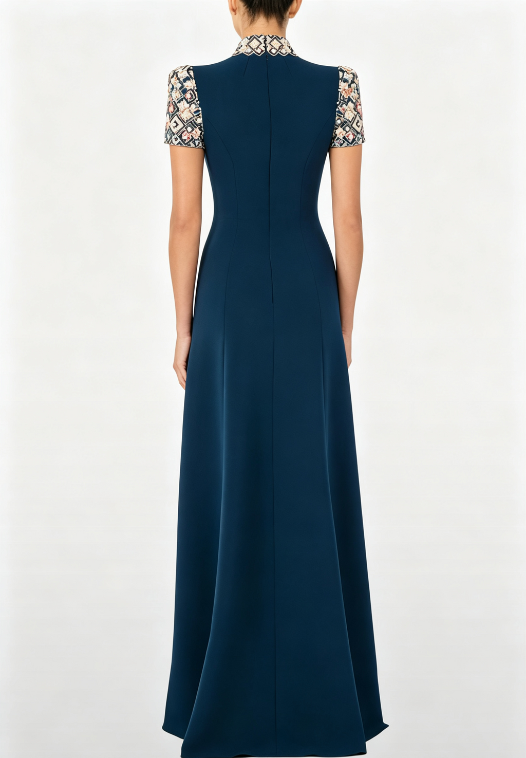 hdfish back view of navy high-neck formal dress with intricate beaded collar and short sleeves