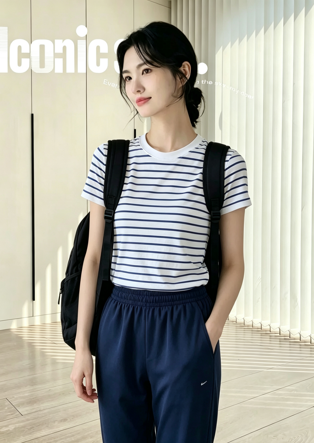 hdfish women's everyday wear, classic blue-and-white striped tee paired with loose navy athletic pants