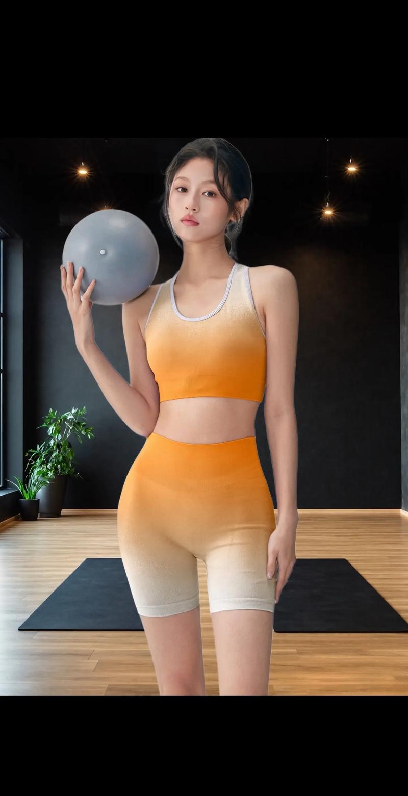 hdfish orange-to-cream gradient athletic set, women's yoga outfit with matching sports bra and biker shorts