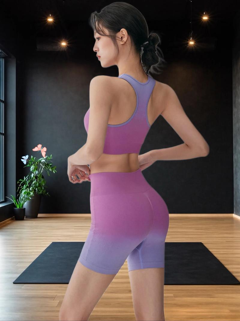 hdfish purple gradient seamless workout set, back view showing racerback sports bra and high-waist shorts