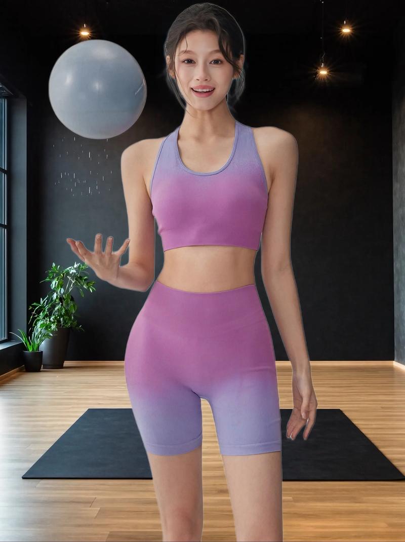 hdfish women's purple-to-pink gradient yoga set, racerback sports bra + high-waist shorts front view