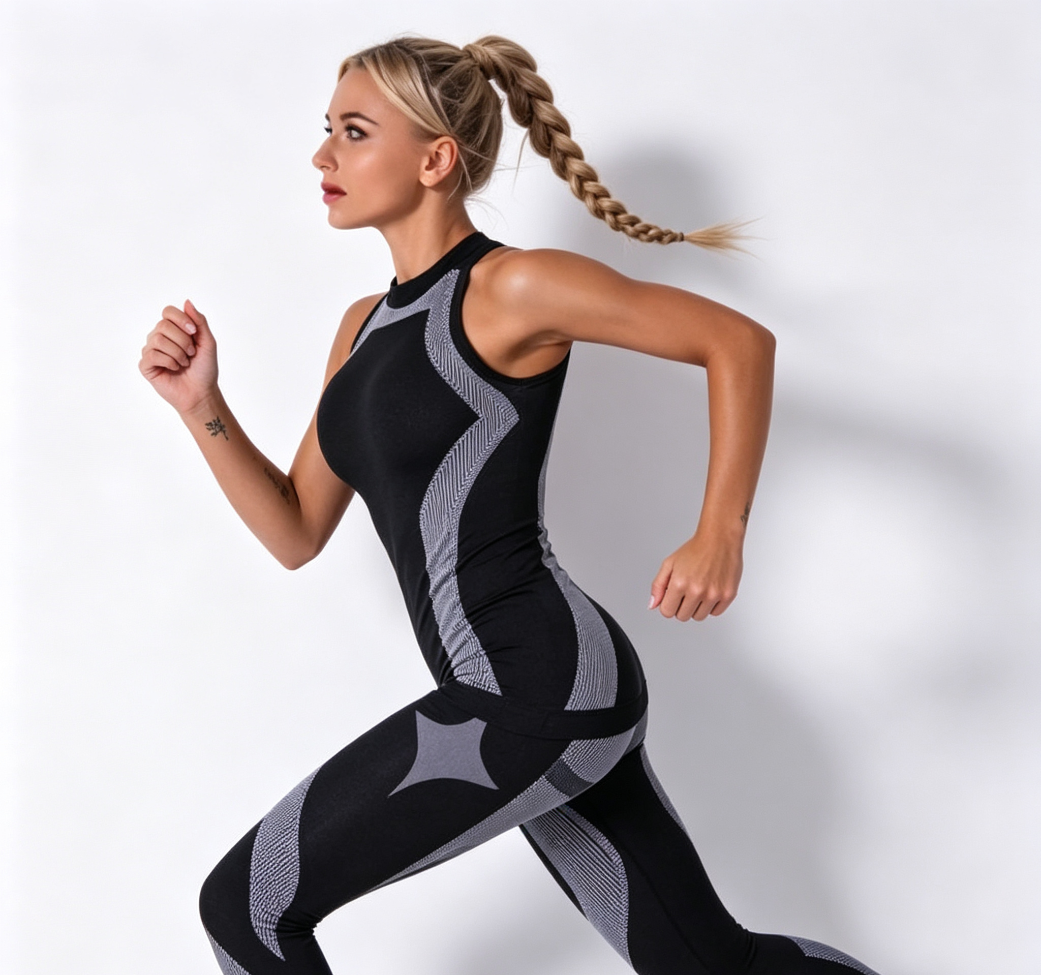 hdfish black and grey seamless yoga set, form-fitting high-neck tank with side contrast detailing and leggings