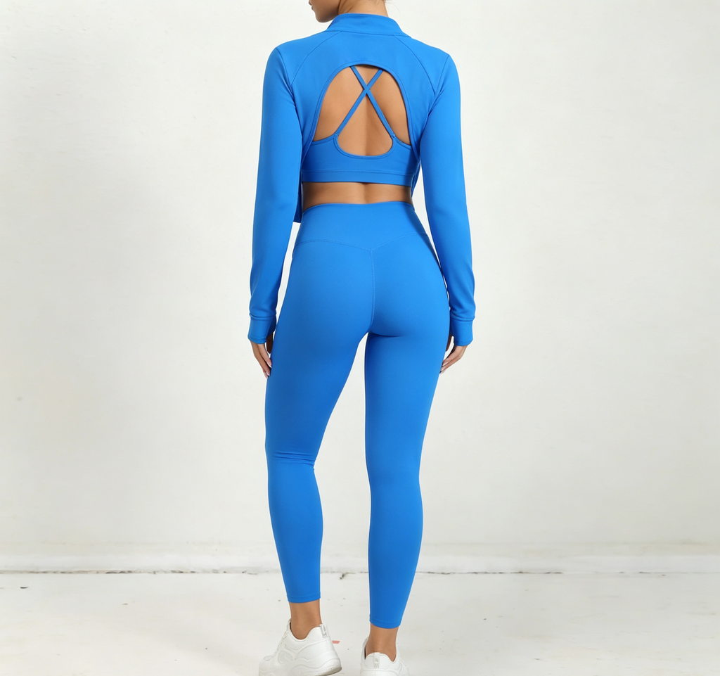  hdfish vibrant blue fitness outfit, featuring full-zip long-sleeve jacket, matching bra and seamless leggings