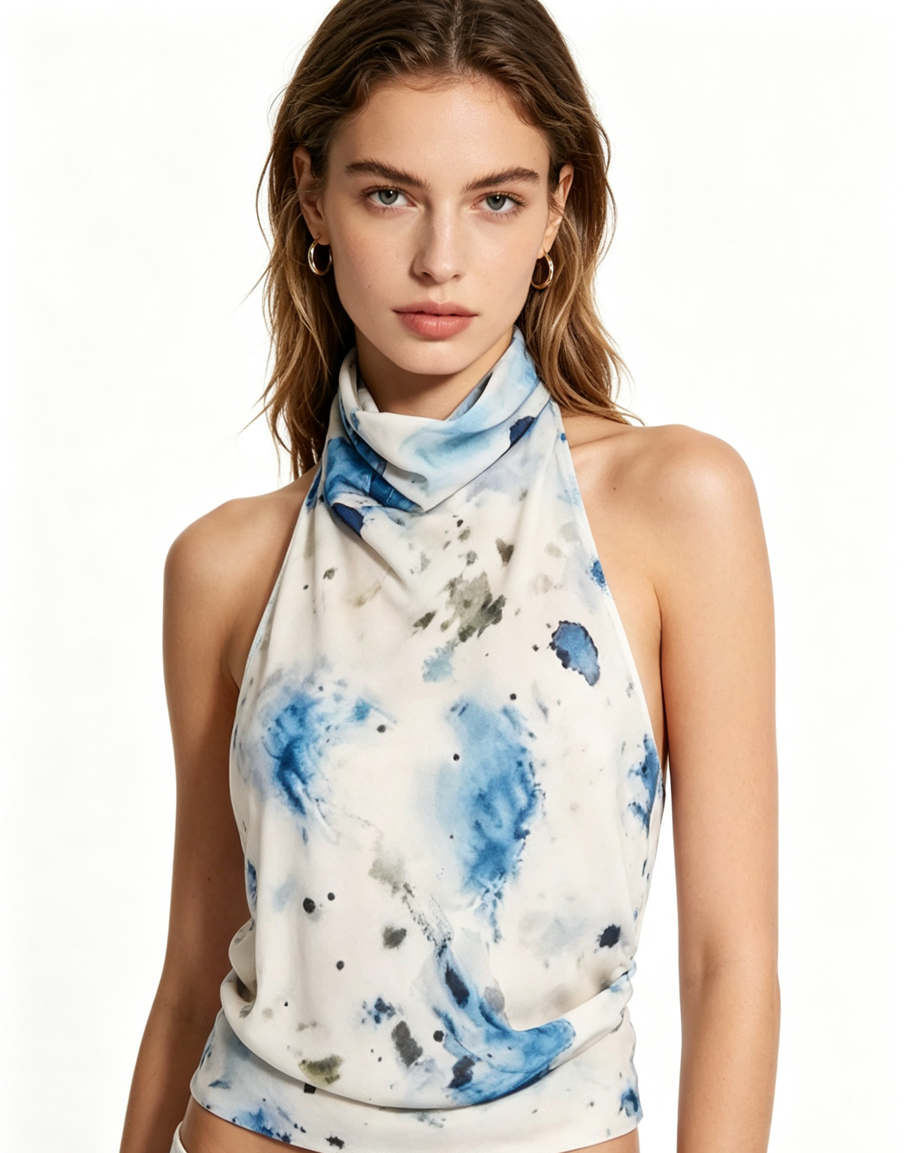 Side angle shot of hdfish drapey watercolor halter top, trendy women casual outfit