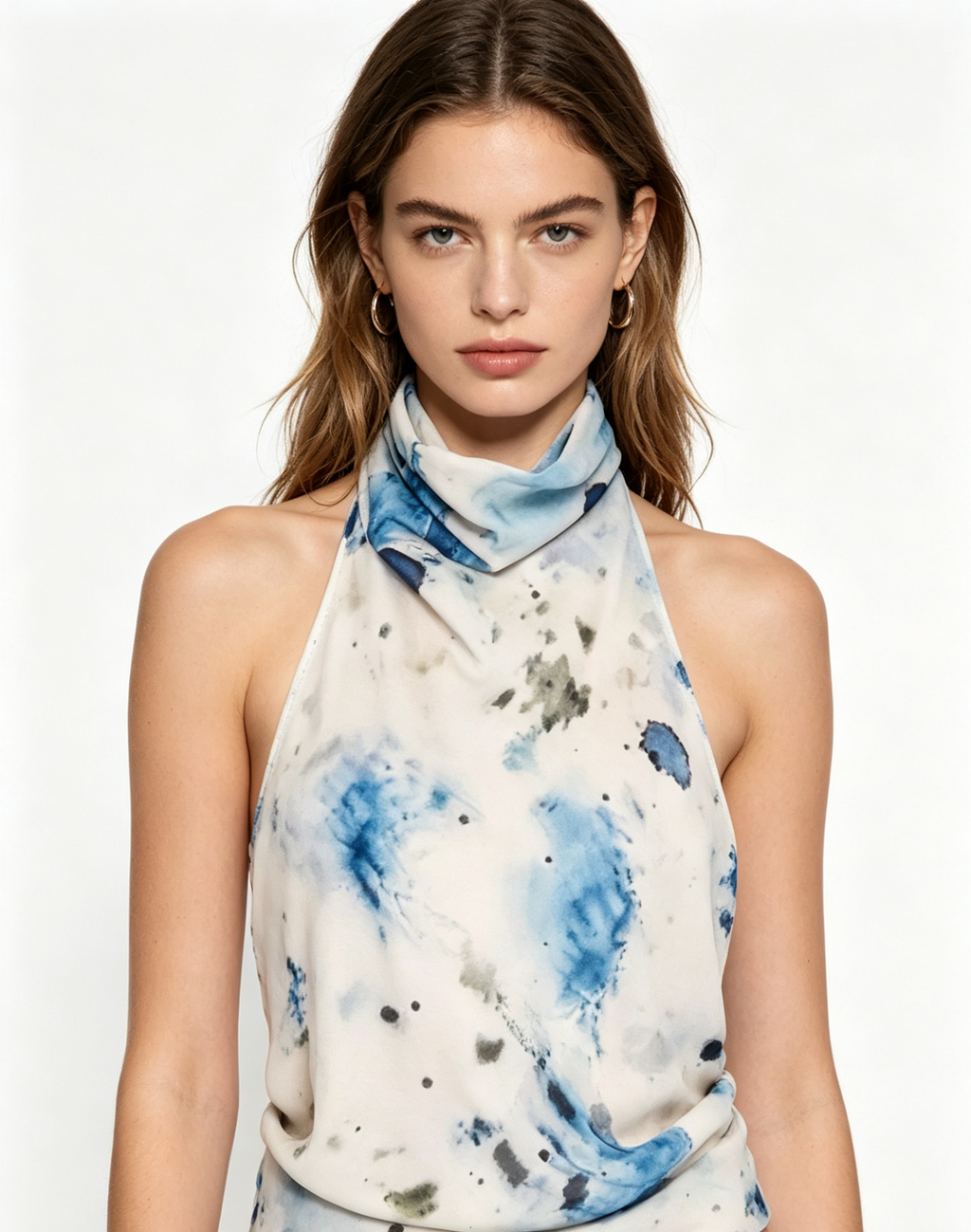 White background studio shot of hdfish women watercolor print halter top, front view high neck casual blouse